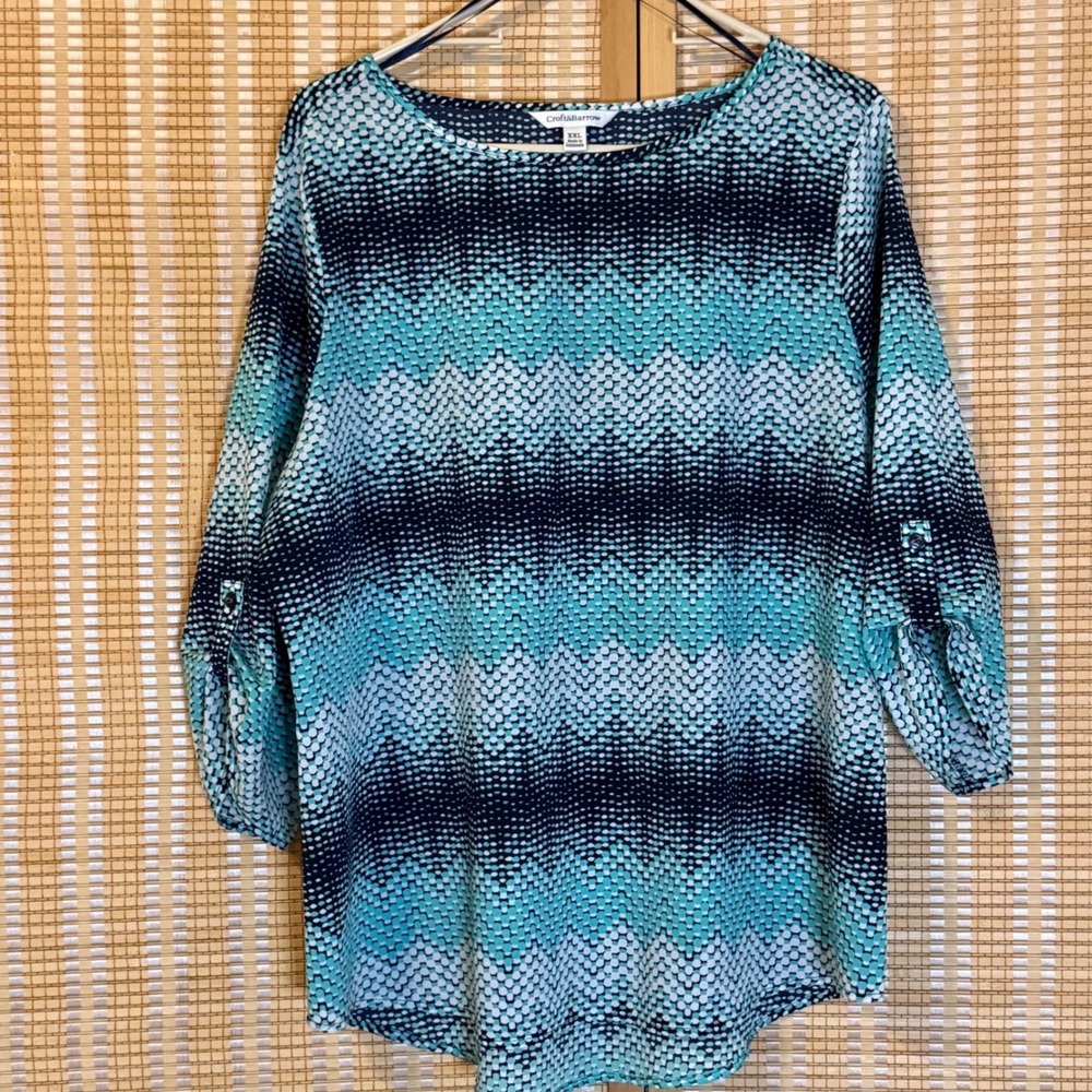 Croft & Barrow XXL Teal Navy Geometric Chevron Roll Tab Sleeve Blouse Top Artsy